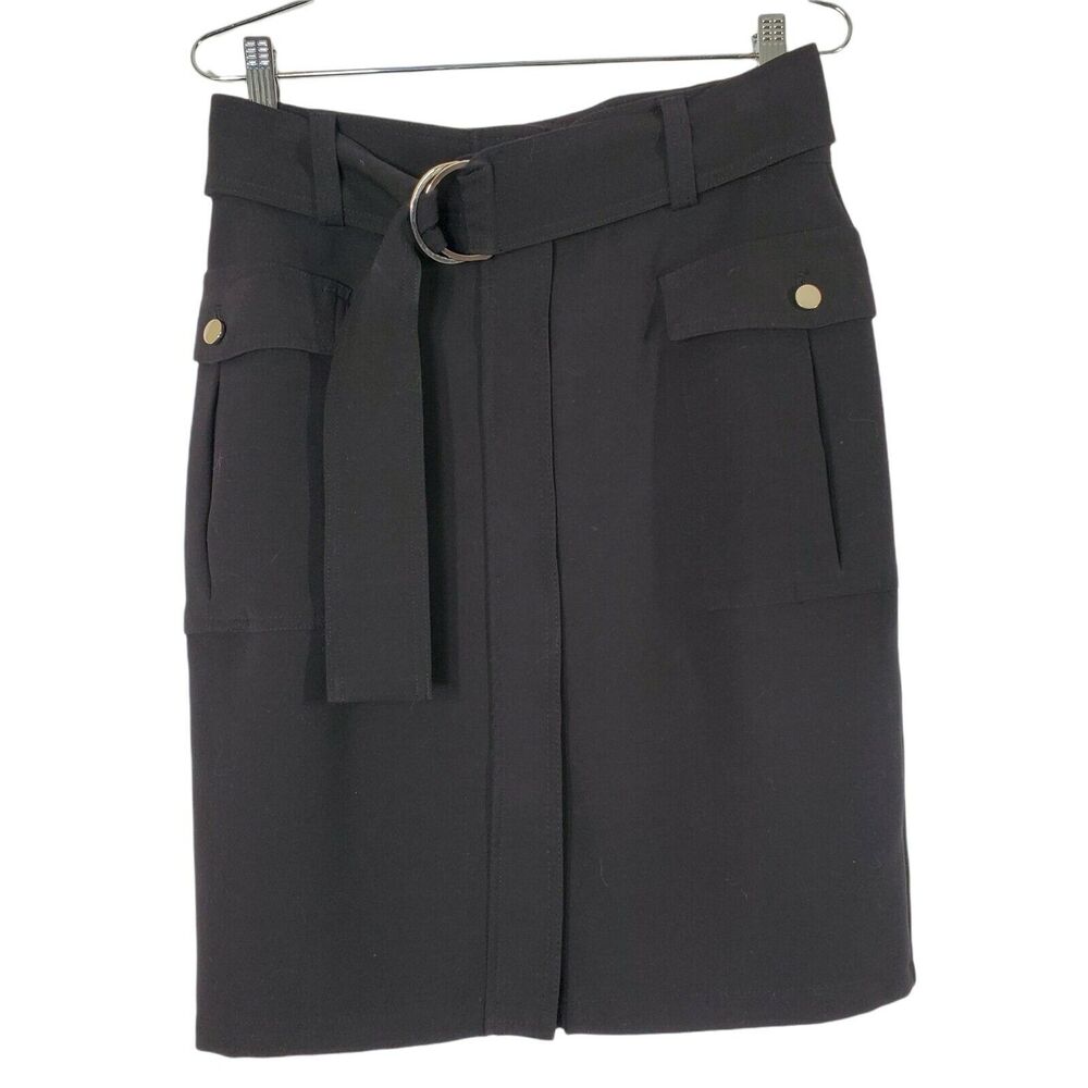 H & M Black Belted Knee Length Skirt Size 8 Stretch Pockets Front Full Zipper